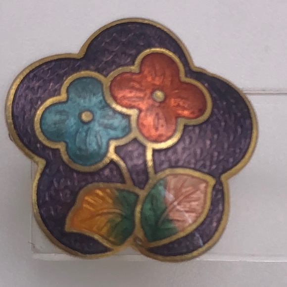 VTG Purple Background Floral Enamel Earrings Cloisonné Yellow Green Blue - Picture 4 of 9